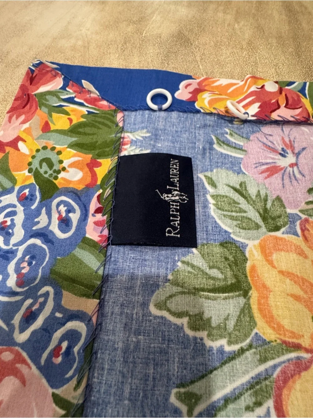 Ralph Lauren 86” Melissa Blue Rod Pocket Drapes (4)Tie backs (4) Valance (1)